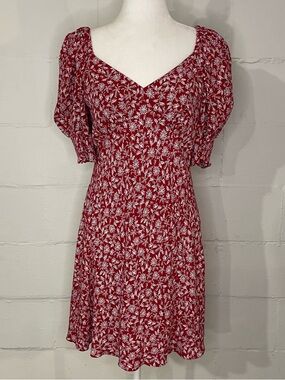 Madewell Red Floral V-Neck Puff Sleeve Mini Dress